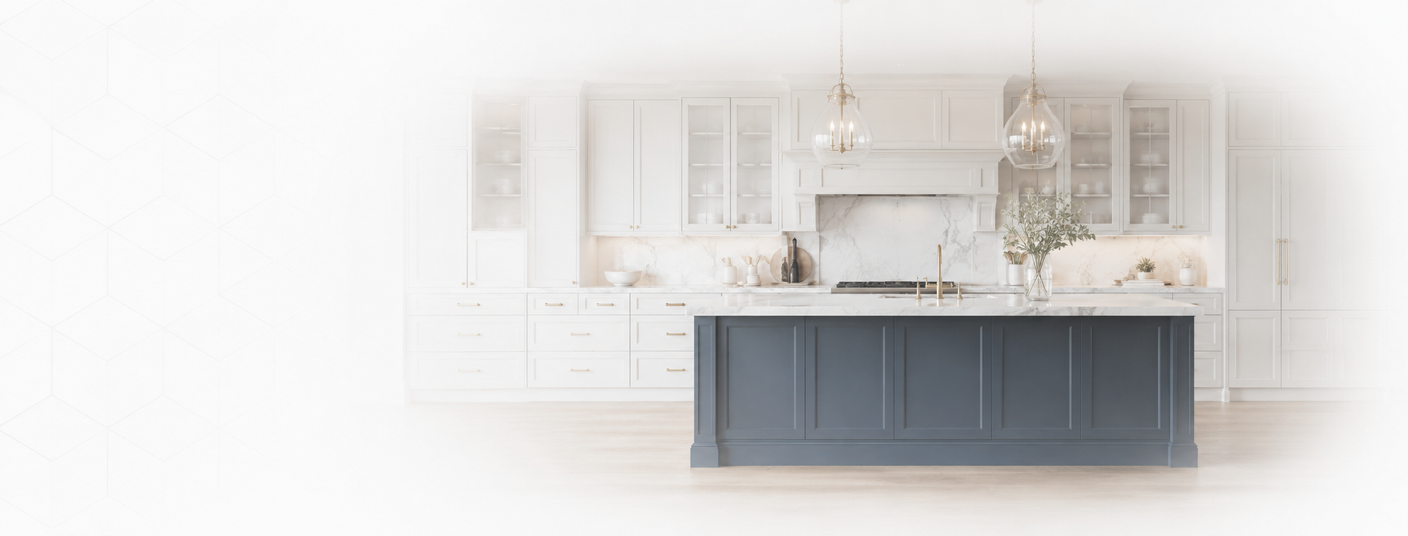 White kitchen with navy island